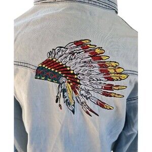 Fashion Express Button Up Denim Shirt With Embroidered Indian Chief Size M